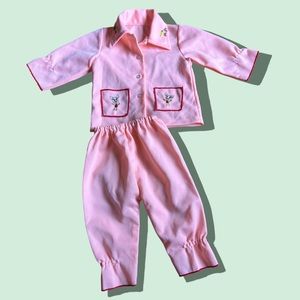 Vintage Kids Peach Red Accent Two Piece Set Embroidered Flowers Birds